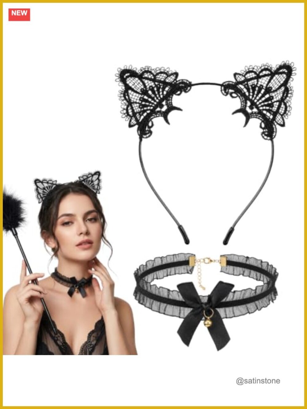 Lace Cat Ear Headband & Bell Choker Set Costume Party Accessory